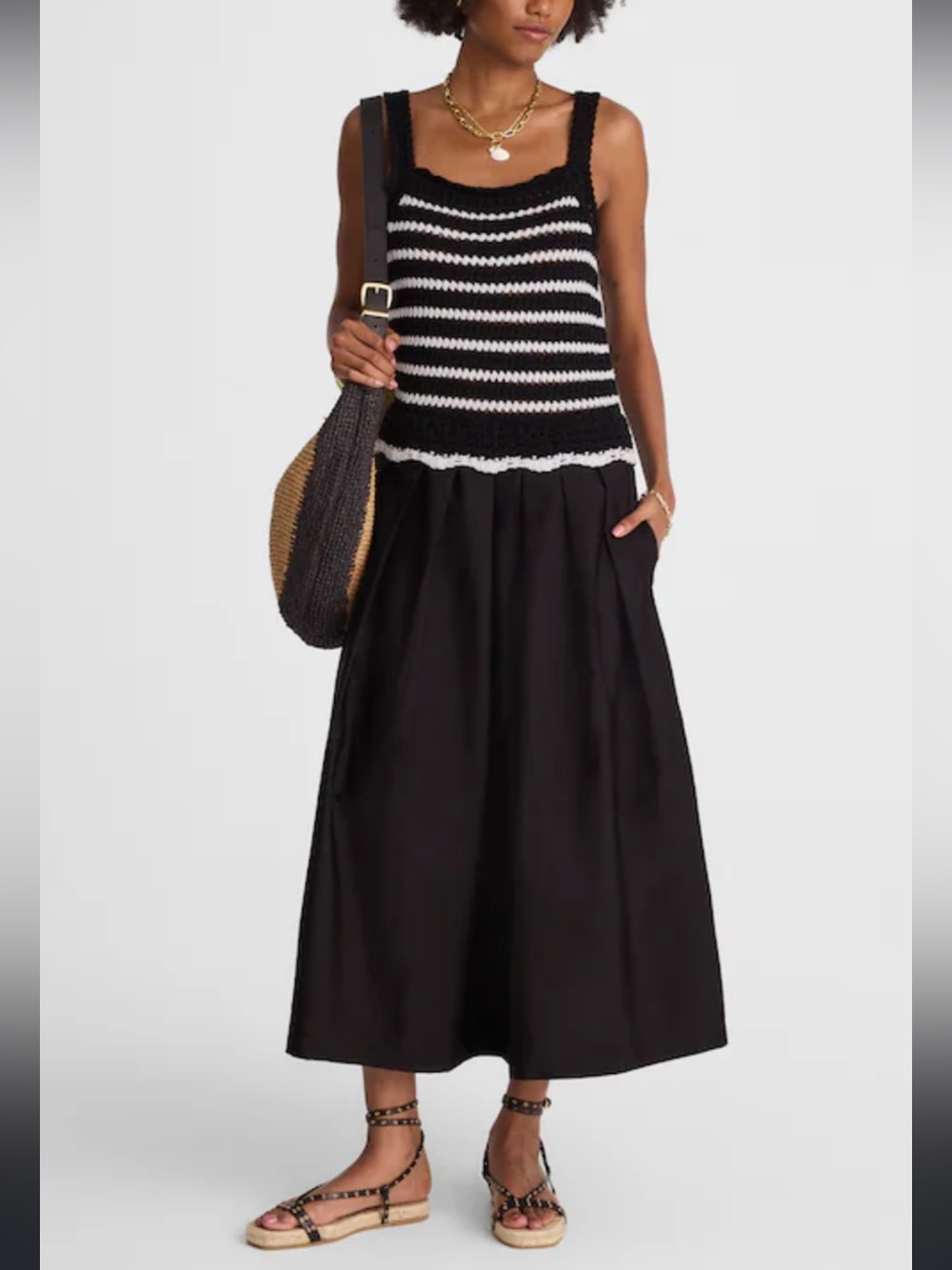 Madewell Poplin Crocheted Knit Midi Dress Striped Size Large NWT